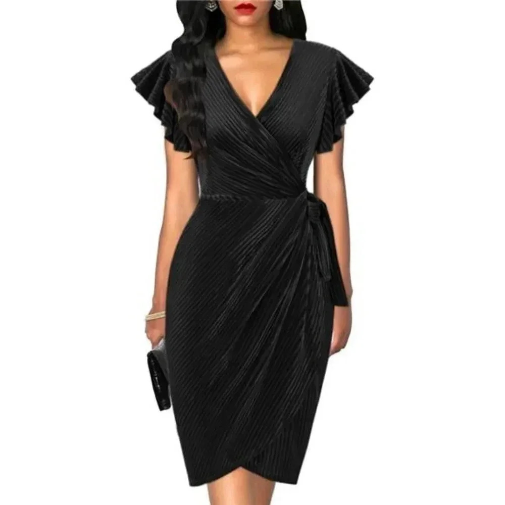 oten Womens Deep V Neck Ruffle Sleeve Velvet Sheath Cocktail Party Wedding